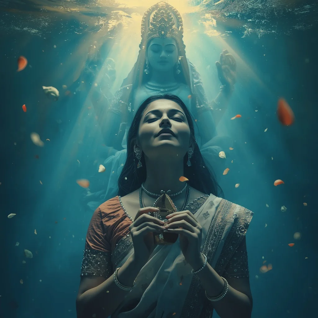 Divine Underwater Realm: Saraswati’s Wisdom and Veena’s Melody | AI GPT image generator