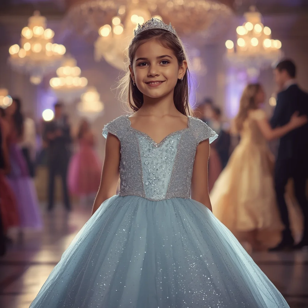 Dreamy Princess Ball: Glittering A-Line Gown for a Young Girl | disney style ai prompt
