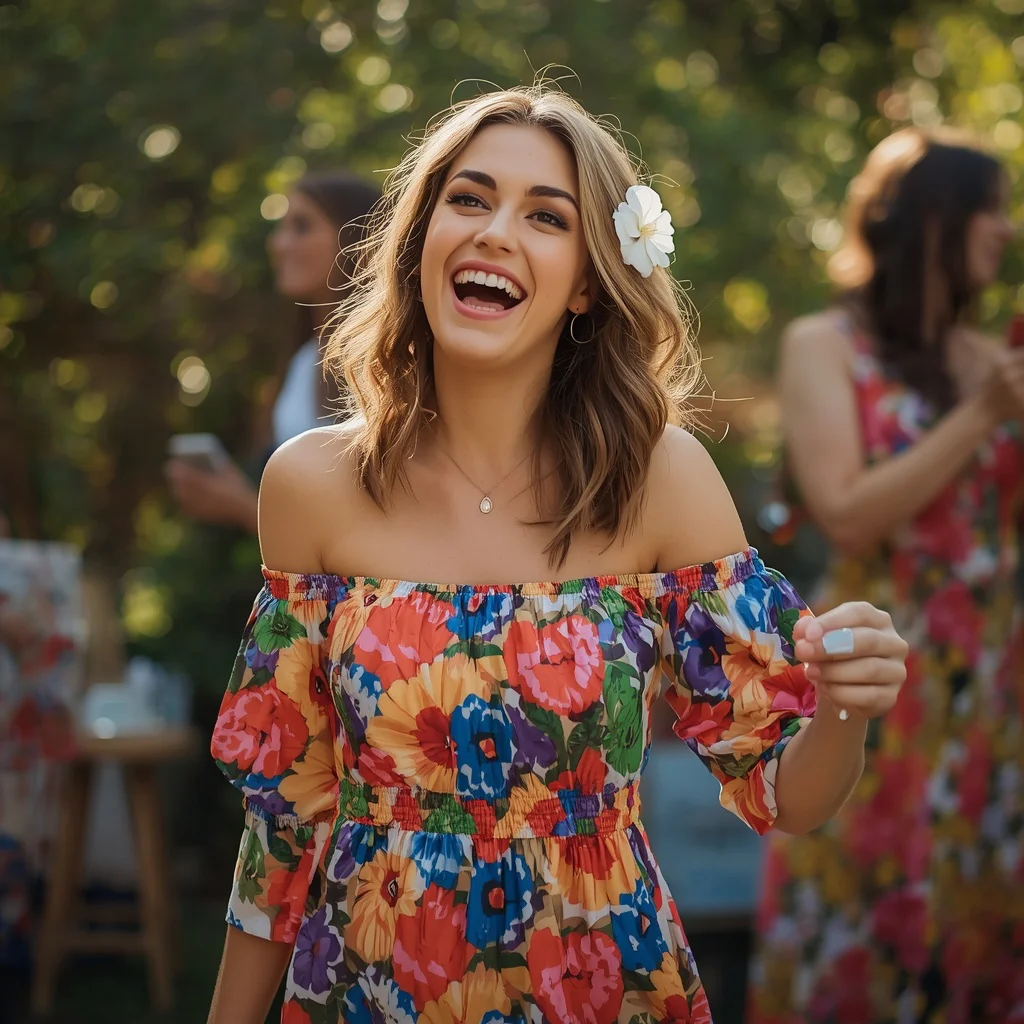 Effervescent Woman Enjoys a Party in a Vibrant Floral Dress | Prompt for traditional look for girl chatgpt instagram