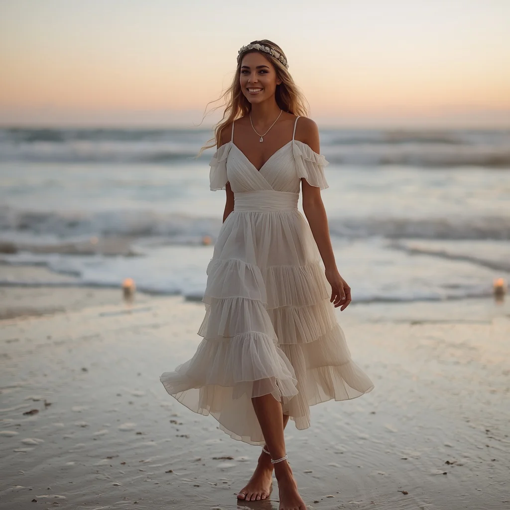 Elegant White Ruffled Chiffon Gown for a Romantic Sunset Elopement | Radiant Bride Floating