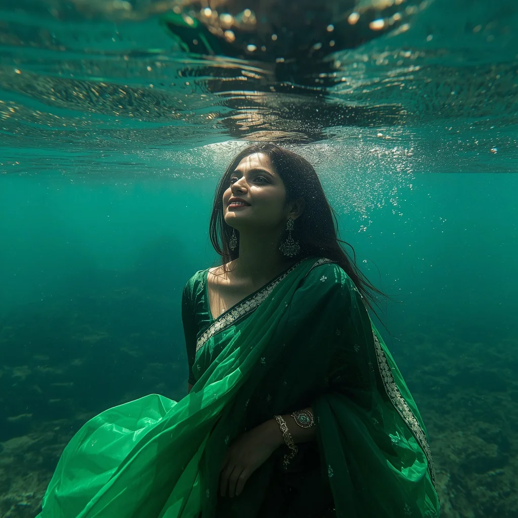 Emerald Underwater Saree: Regal Drapes and Sunlit Depths | chatgpt prompt