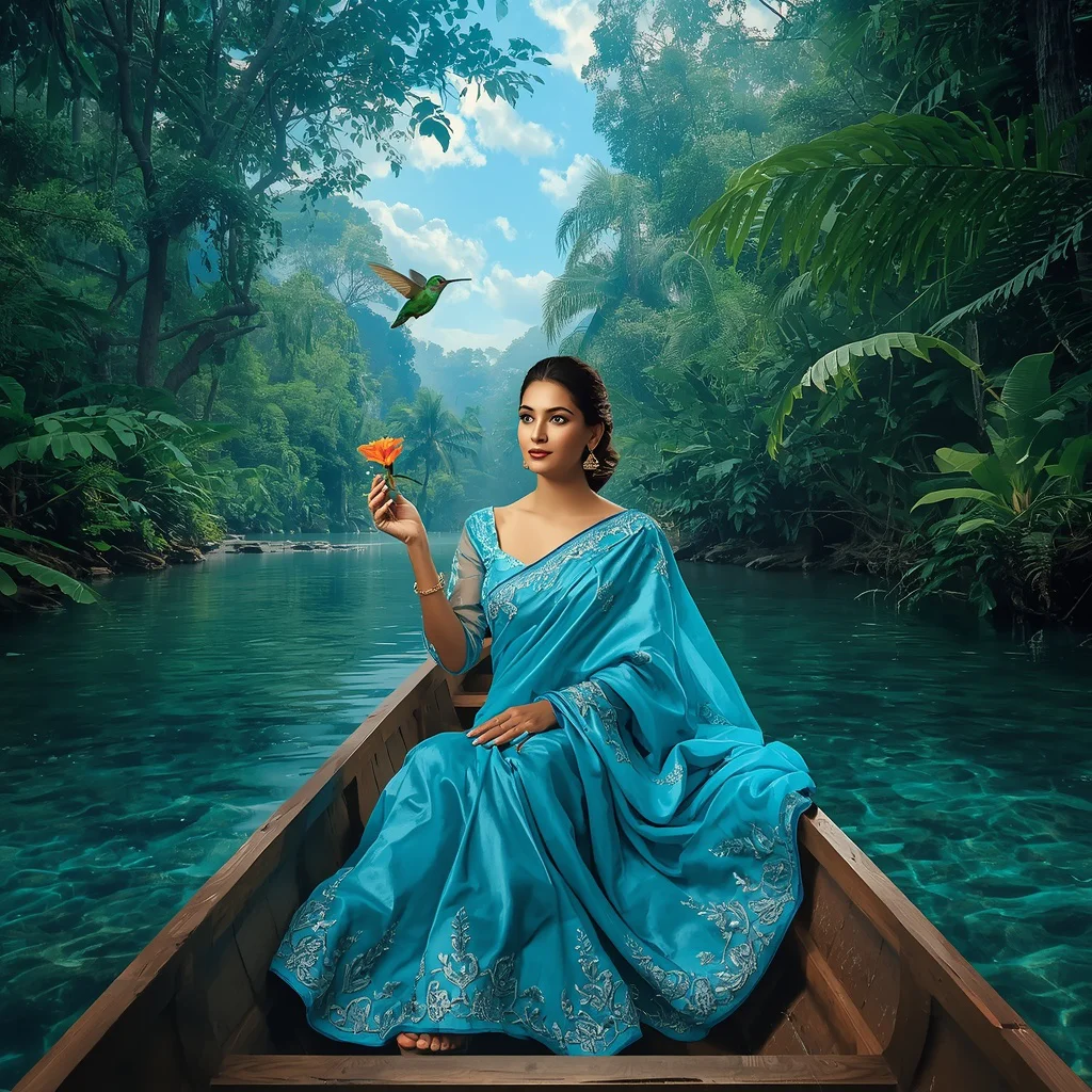 Floating Jungle Stream: Blue Sari and Hummingbird Beauty | Floating Jungle Stream