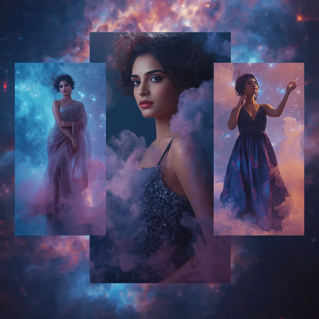 Floating Nebula Dust Cloud Collage: Indian Woman in Cosmic Shimmer | Captivating Floating Nebula