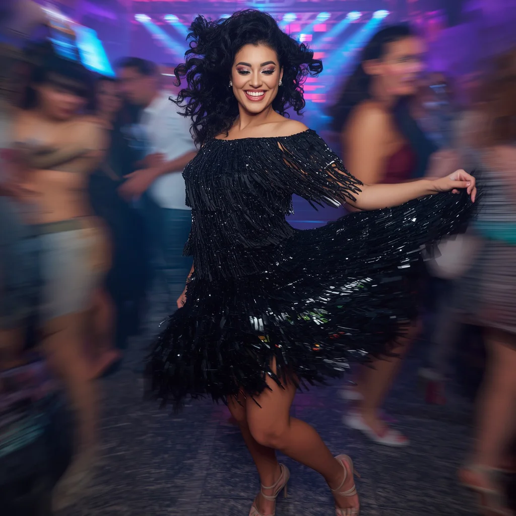 Glam Themed Party: A Black Sequin Fringe Mini Dress | hd image prompt