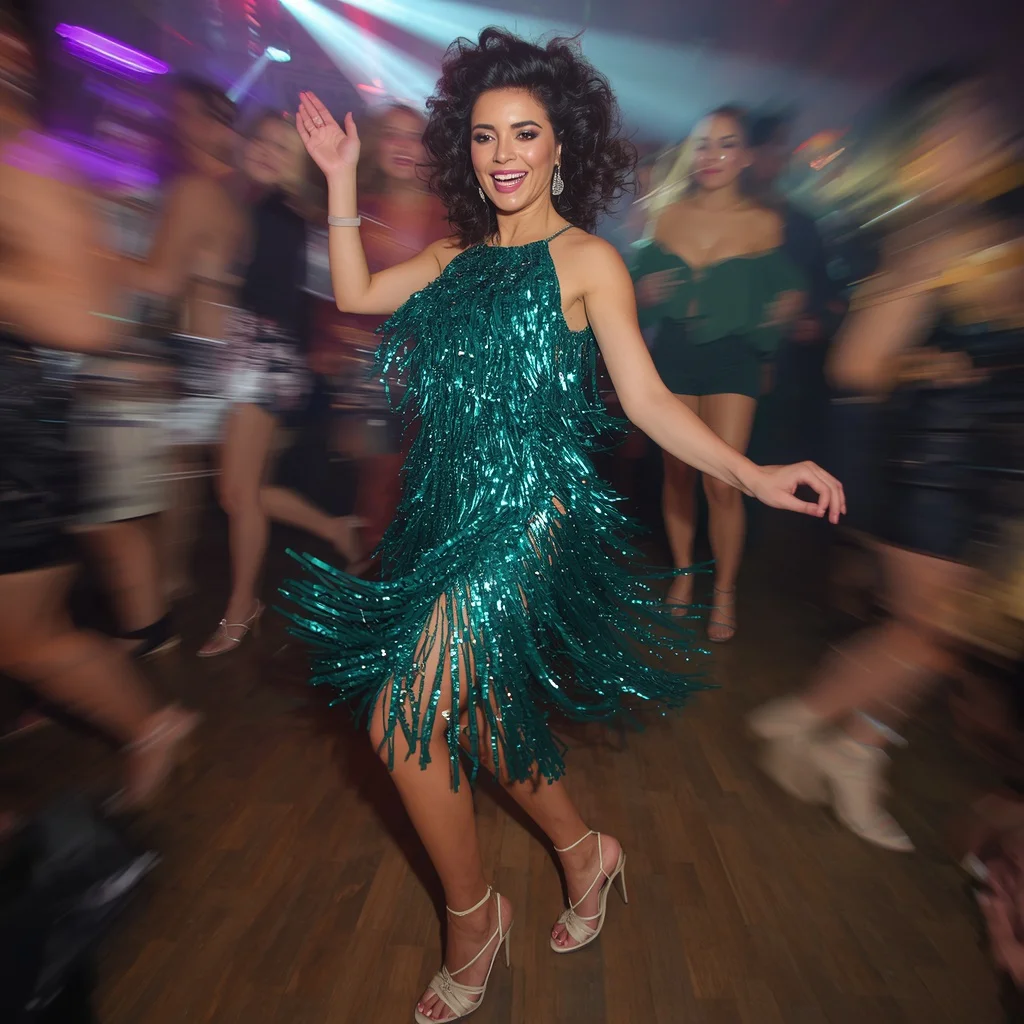 Glam Themed Party: A Sparkling Teal Sequin Fringe Dress | prompt ai