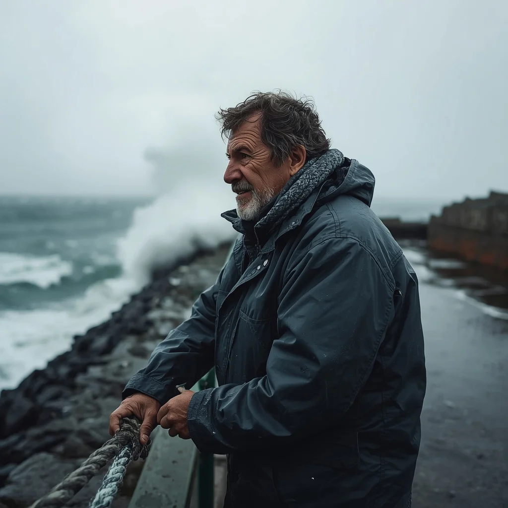 Harbor Fisherman: A Man in a Stormy Coastal Setting | Prompt seen boy style