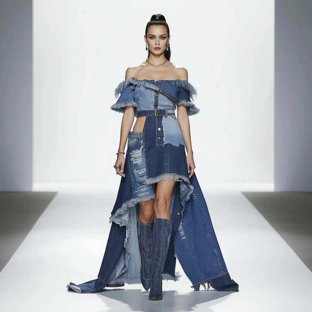 High Fashion Runway Look: Deconstructed Denim Glam | Prompt AI