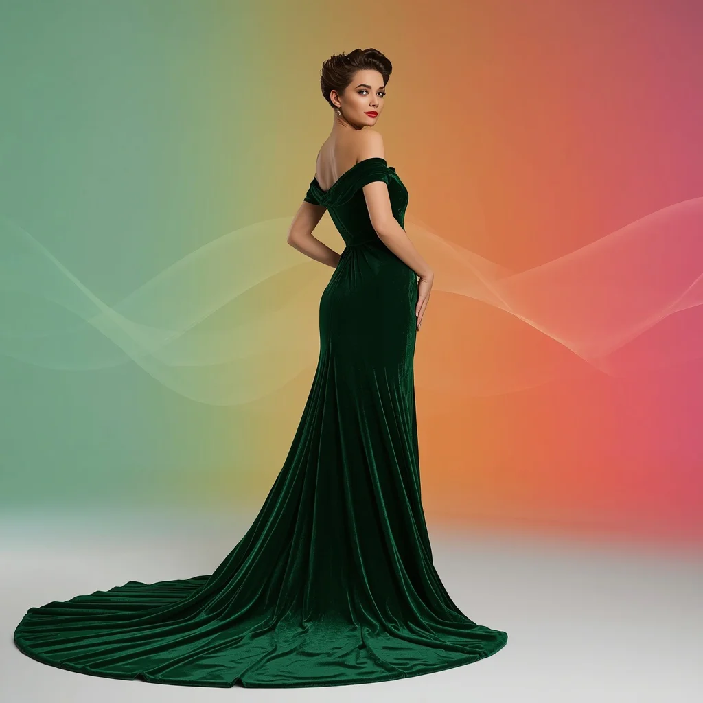 Hollywood Glamour Emerald Velvet Gown With Train | Luxurious Cinematic Model
