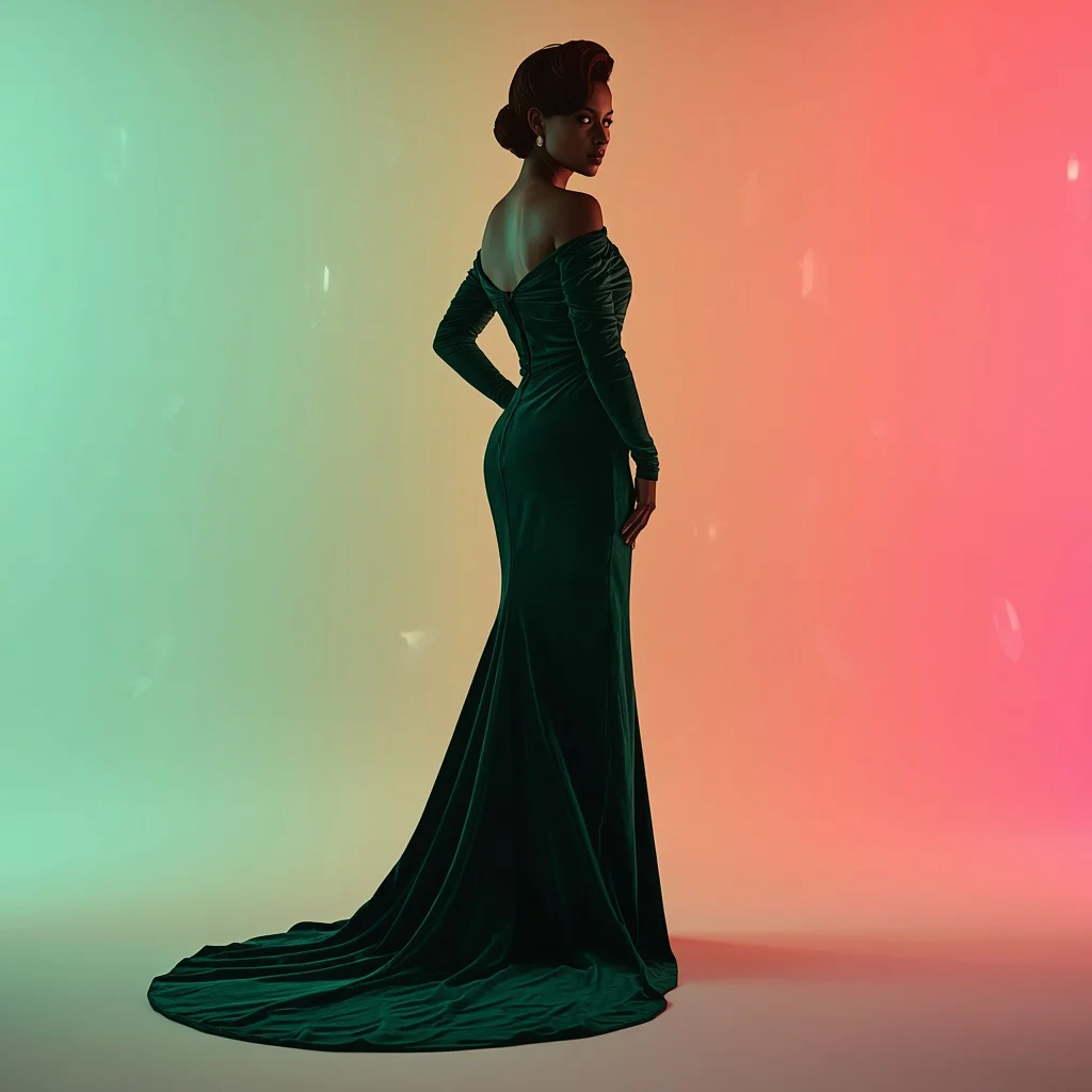 Hollywood Glamour Gown In Heavy Emerald Green Velvet Silhouette | Luxurious Cinematic Model