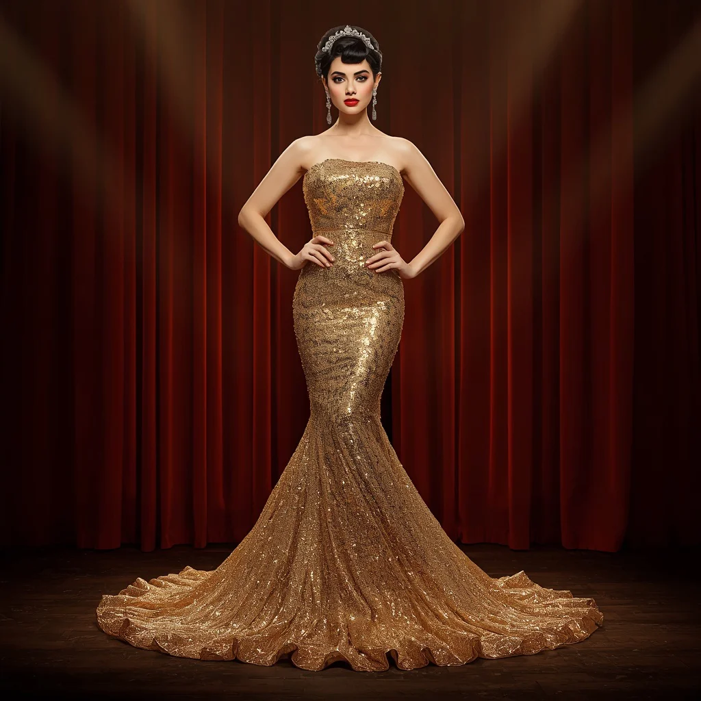 Hollywood Glamour: Strapless Gold Sequin Mermaid Gown | gemini prompt