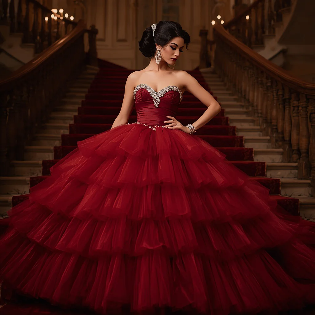 Hollywood Royalty: A Classic Strapless Deep Red Ball Gown | girl photo prompt gemini
