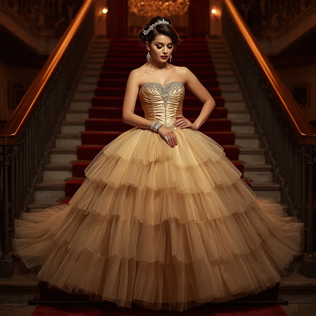 Hollywood Royalty: A Gold Strapless Ball Gown with Train | gemini ai photo prompt