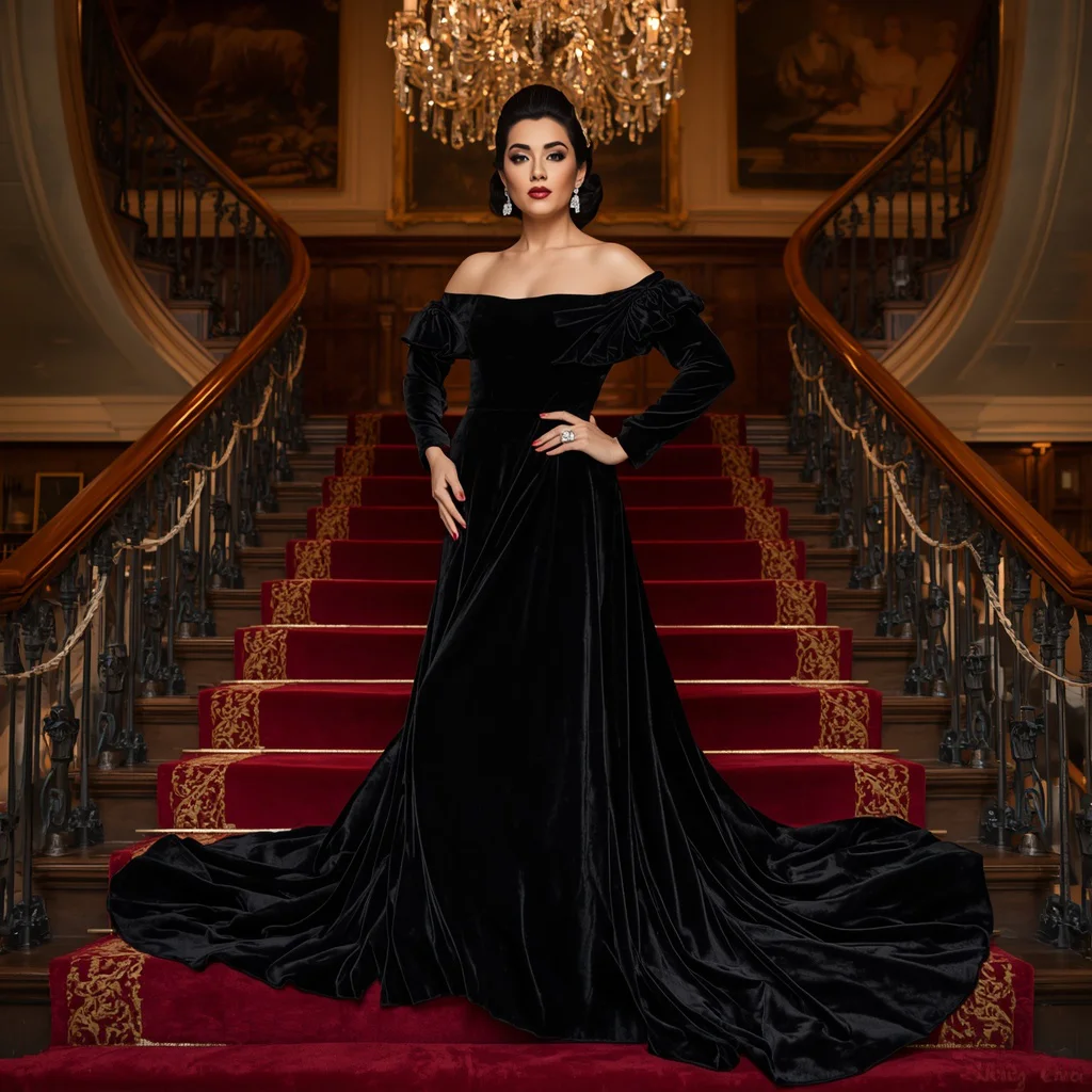 Hollywood Royalty: A Woman in a Dramatic Black Velvet Gown with Train | Prompt seen trending girl 2026 butterfly