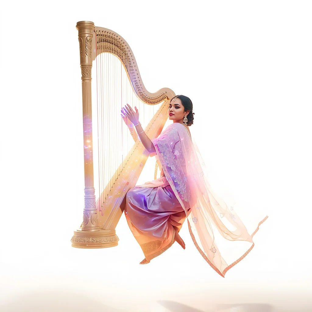 Hovering Mid-Air Playing Digital Harp of Solid Light Beams | saree girl ai prompt