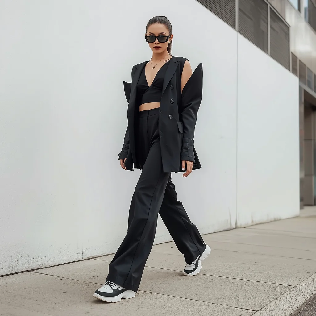 Latest Fashion: A Deconstructed Blazer with Wide-Leg Trousers | gemini ai prompt for girl