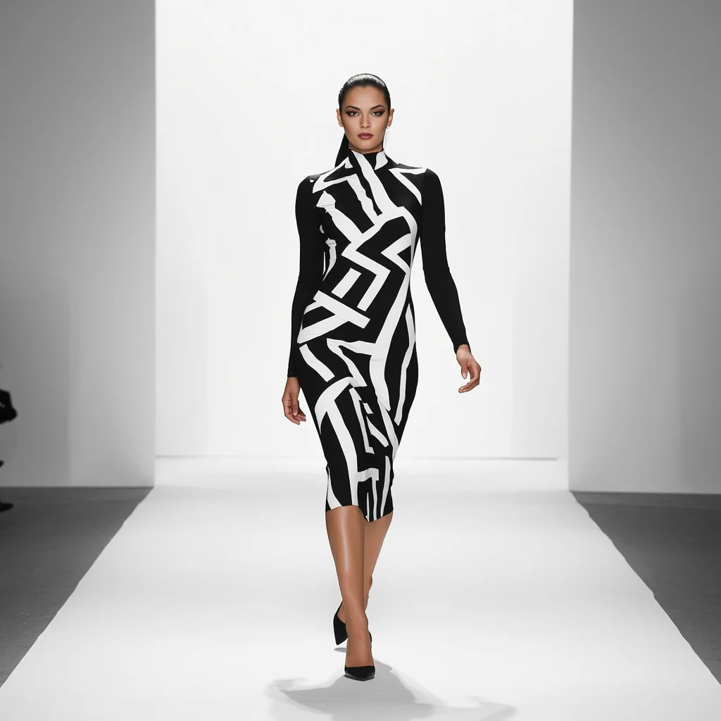 Latest Fashion: A Geometric Print Bodycon Midi Dress | Image Generator Prompt