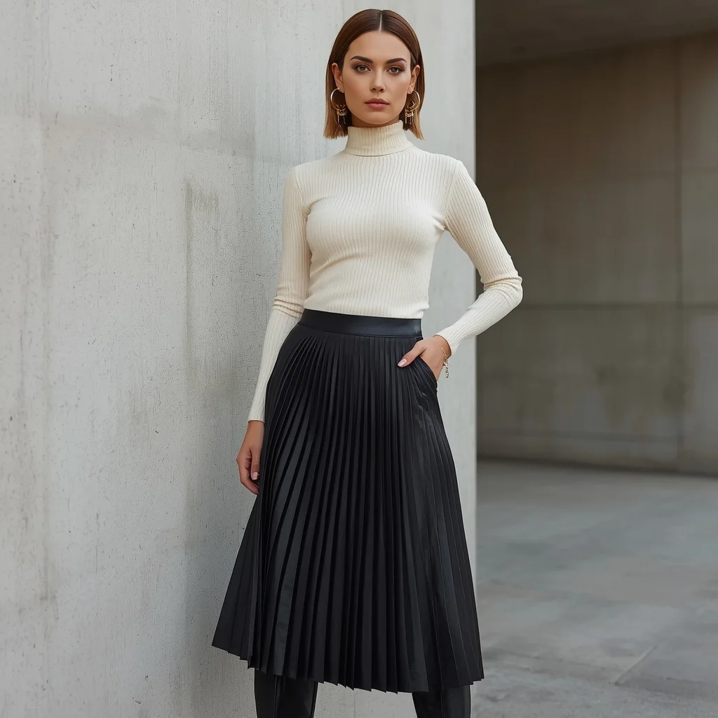 Latest Fashion: A Pleated Leather Midi Skirt with Knit Top | gemini ai photo prompt