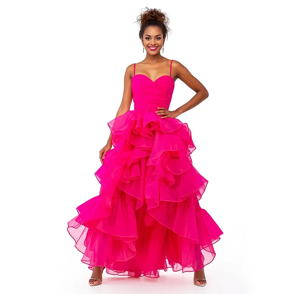 Latest Fashion: A Voluminous Ruffle Maxi Dress in Bright Color | bridal ai prompt