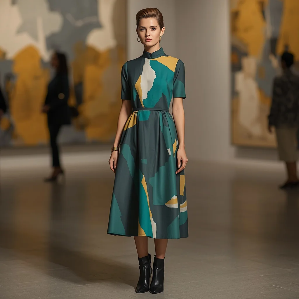 Latest Fashion: Abstract Print A-line Dress for a Gallery Opening | lighting ai prompt