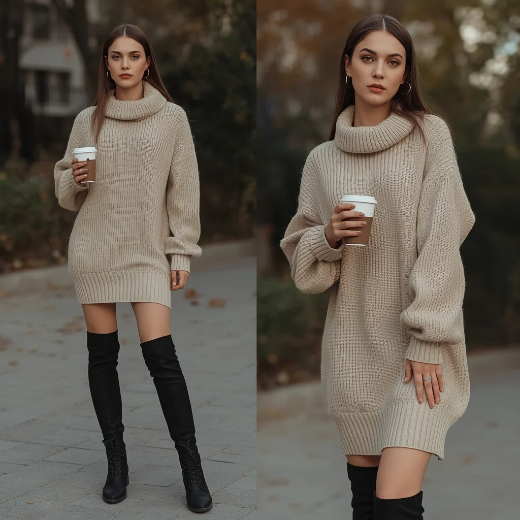 Latest Fashion: An Oversized Knit Sweater Dress with Boots | Prompt for girl Photo Editing