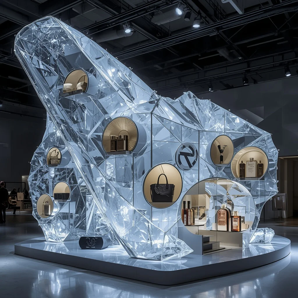 Luxury Fashion Products Displayed Around Giant Floating Crystal Whistle Monument | Colossal Crystal Whistle