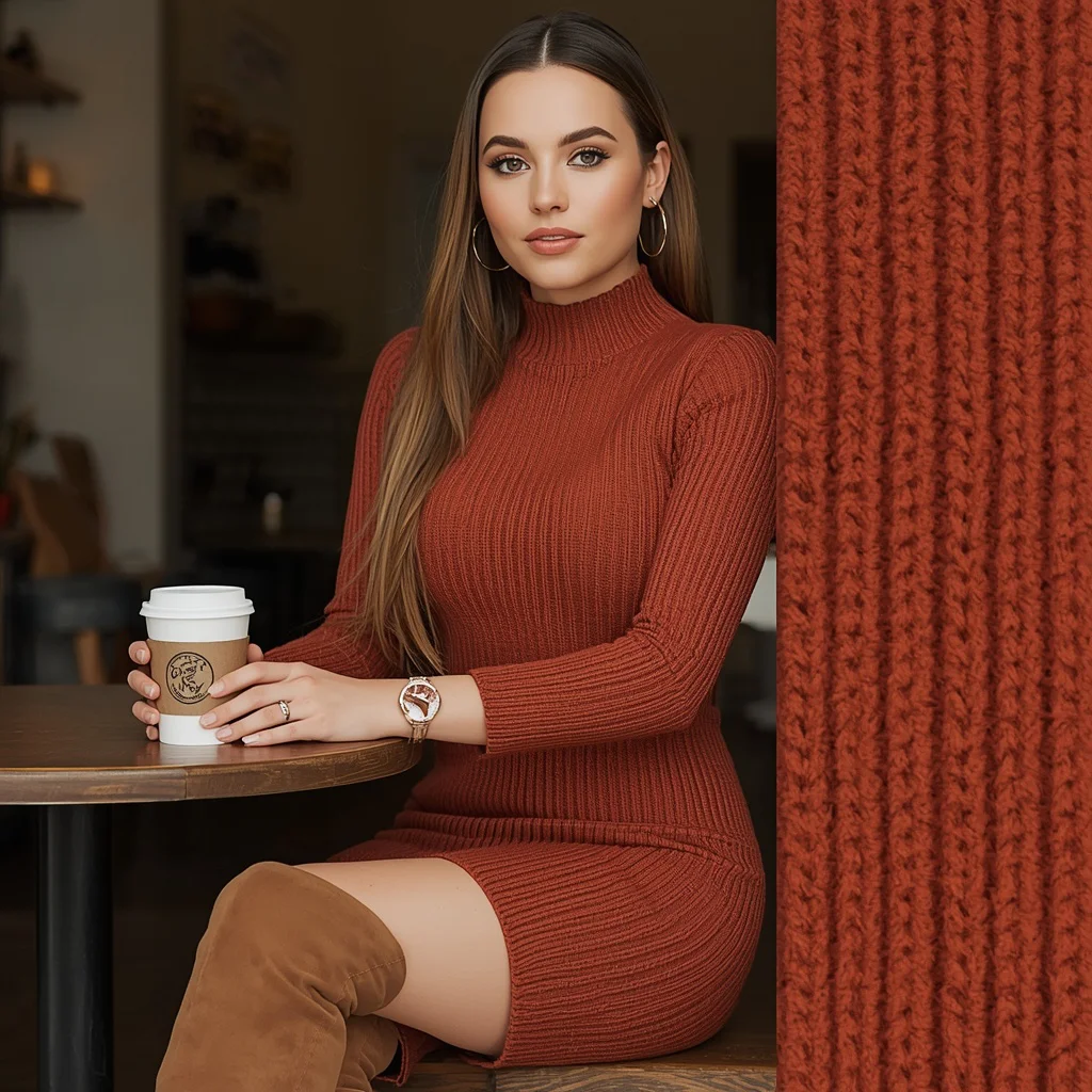 Modern Western Dress: A Fitted Knit Sweater Dress with Boots | image prompt