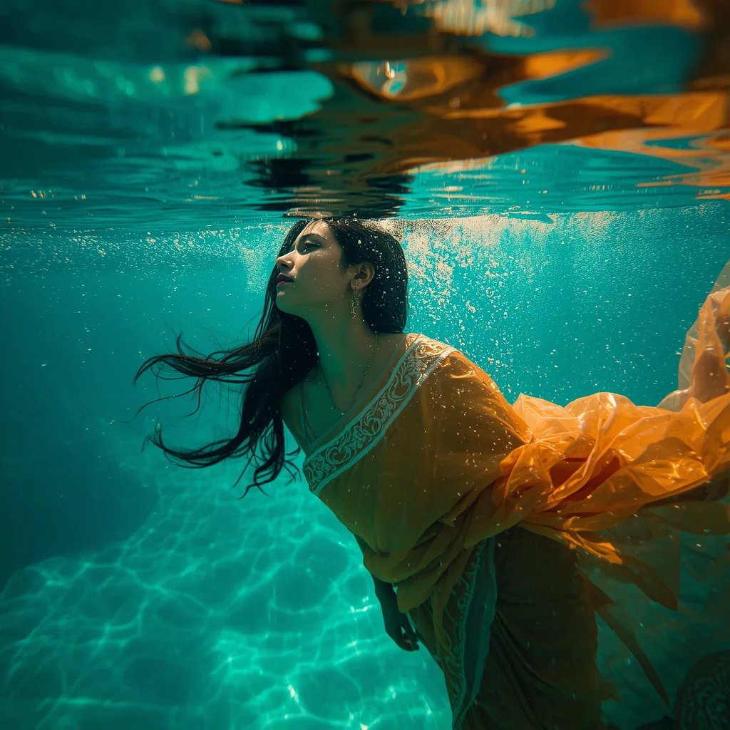 Mystical Underwater Saree Draping with Ethereal Light Caustics | Mystical Underwater Saree
