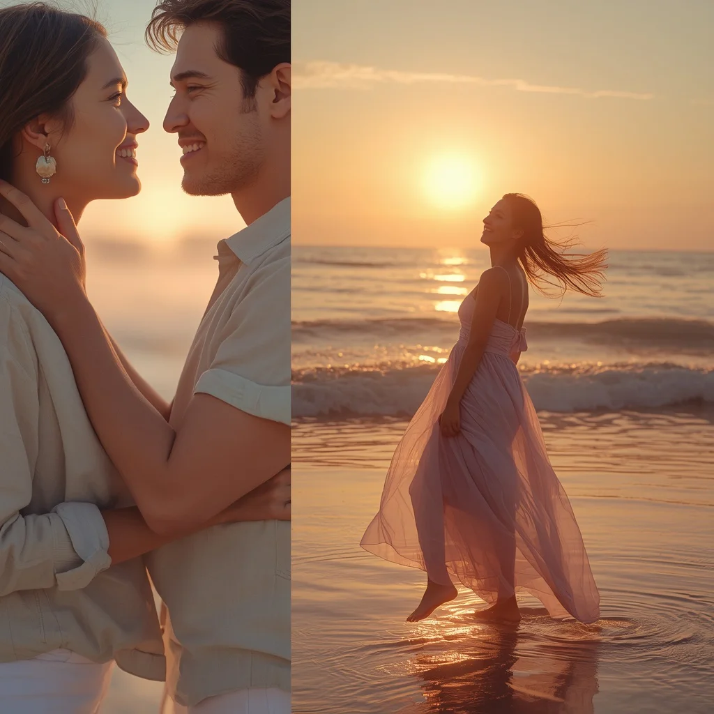 Ocean Breeze Cinematic Couple Collage with Pastel Sunset | Trending couple prompt copy paste