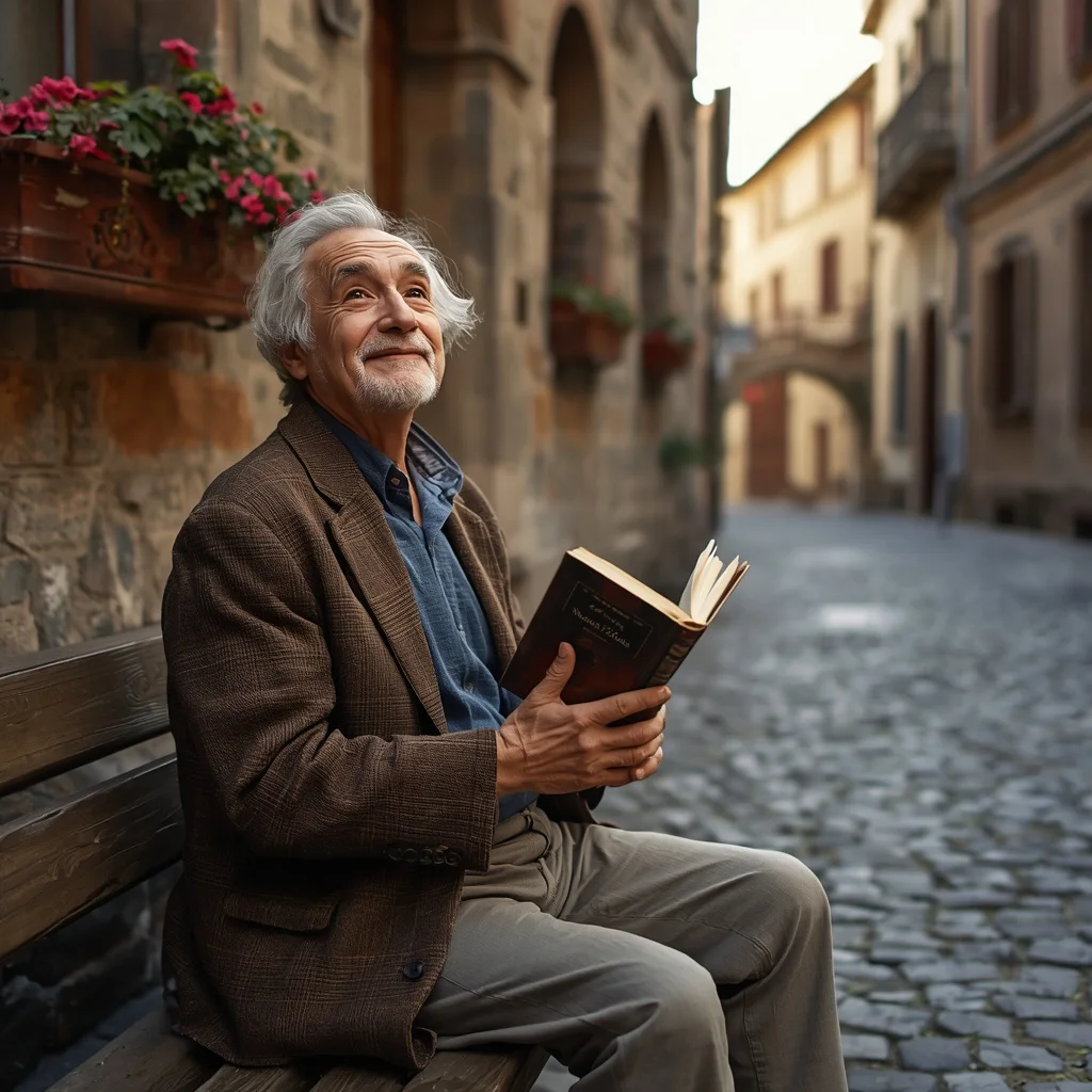 Old Town Storyteller: A Man by a Cobblestone Street | free ai prompt