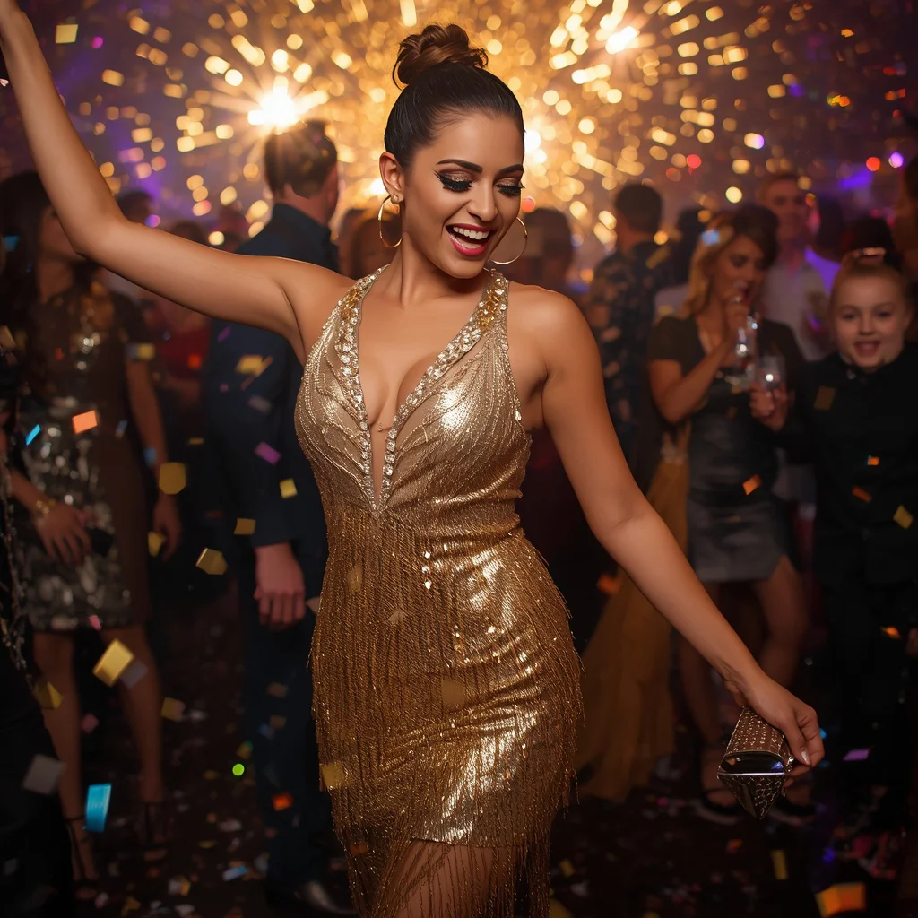 Opulent Gold Sequin Fringe Dress for a Glamorous New Year’s Eve Bash | Dazzling Woman Her