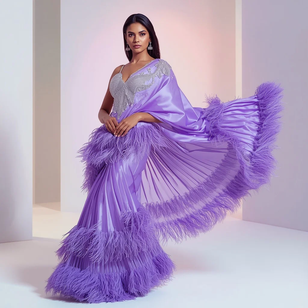 Photorealistic Fashion Portrait of an Influencer in Futuristic Violet Saree | Photorealistic Fashion Portrait