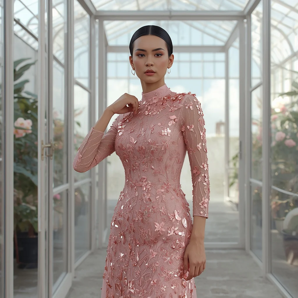 Photorealistic Image of Soft Pink Sequined Party Dress Outfit | Photorealistic Fashion Influencer
