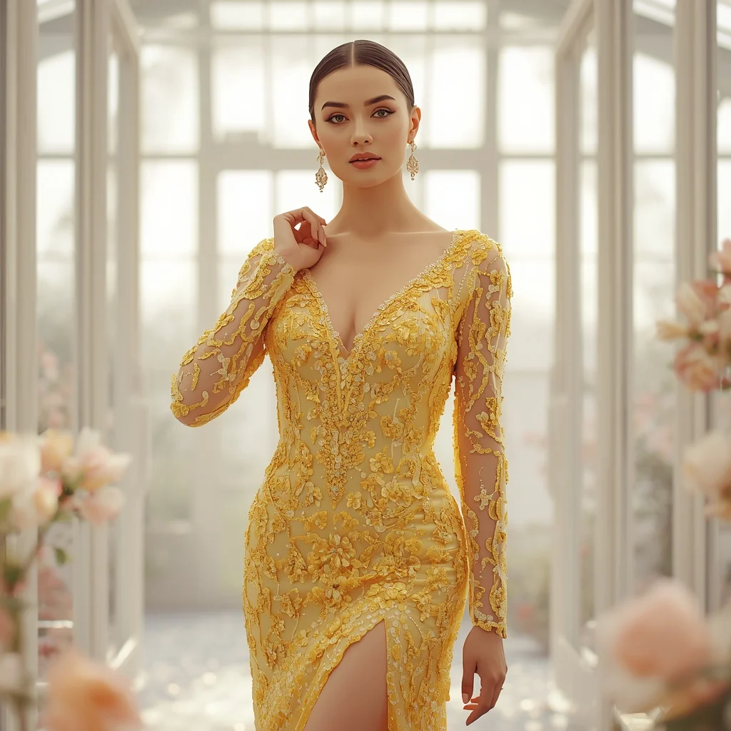 Photorealistic Image of Yellow Sequined Party Gown | Photorealistic Fashion Influencer