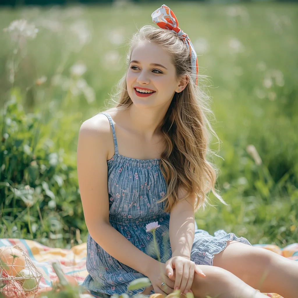 Playful Blue Floral Sundress for a Summer Countryside Picnic | Cheerful 20-year-old Girl