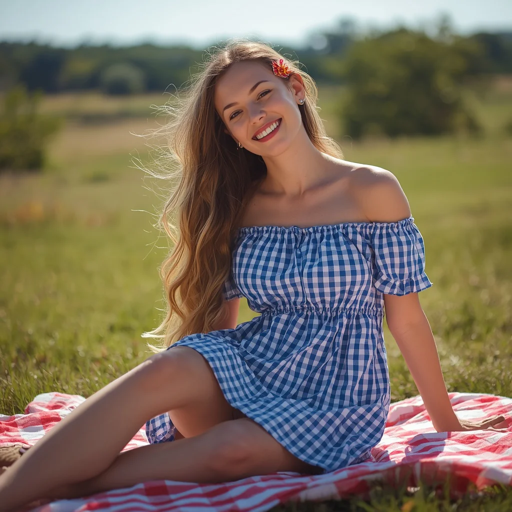 Playful Gingham Off-the-Shoulder Dress for a Countryside Picnic | Cheerful Young Woman