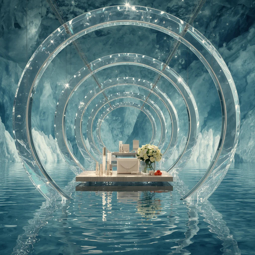 Premium Fashion Collection Displayed Across Floating Crystal Water Rings | Gigantic Rings Formed