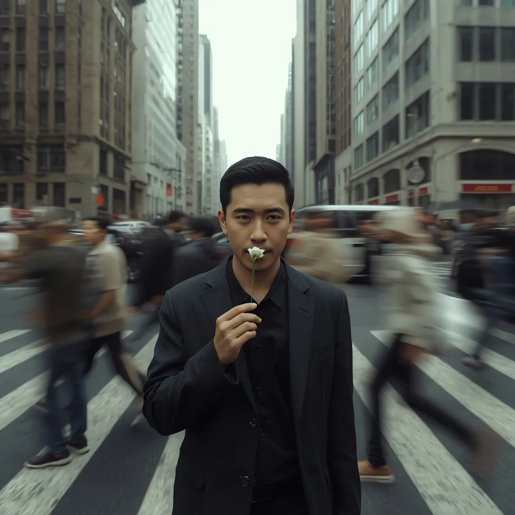 Quiet Reflection Amidst City Chaos: A Moment with a Flower | prompt for ai image editing
