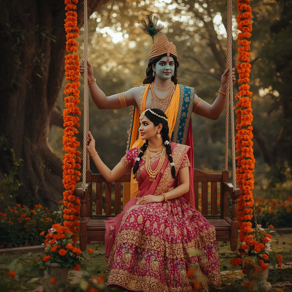 Radha Krishna Divine Love: Couple on a Floral Swing | Prompt new