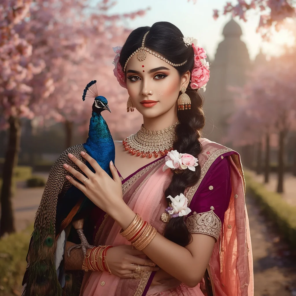Radha Rani with Peacock in a Blooming Temple Garden | ChatGPT Photo Editing Prompt