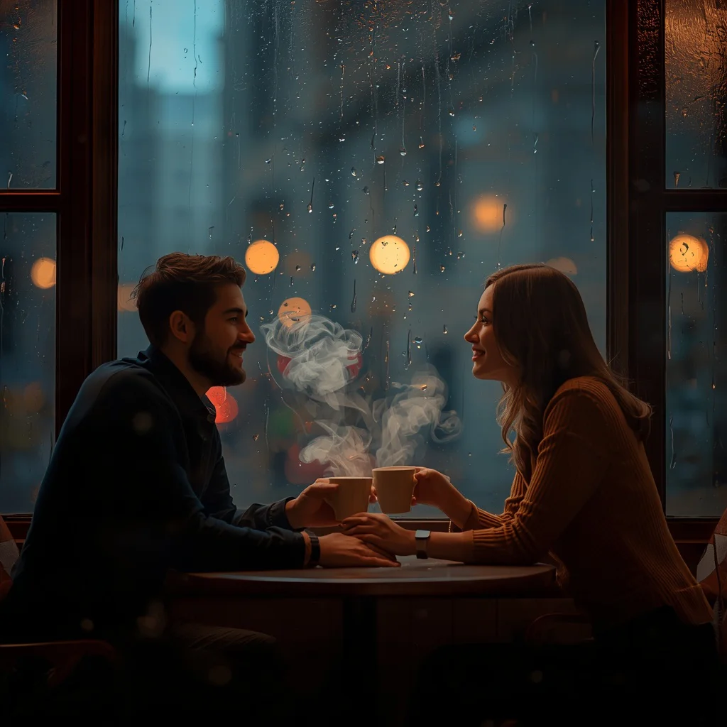 Rainy Cafe Romance: A Couple’s Intimate Moment