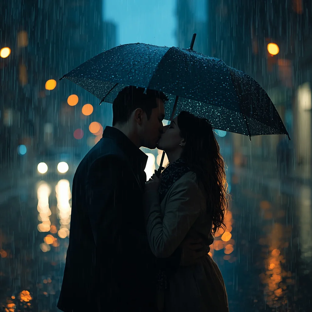 Rainy Kiss: A Couple Under an Umbrella in the City