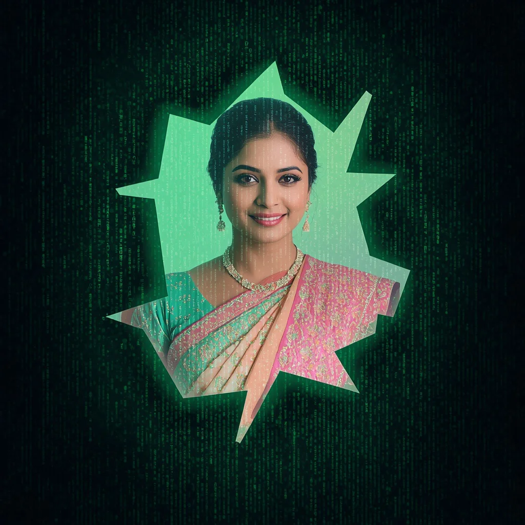 Reality Tear with Cascading Neon Digital Matrix Code Saree | prompt for Gemini girl in saree Instagram