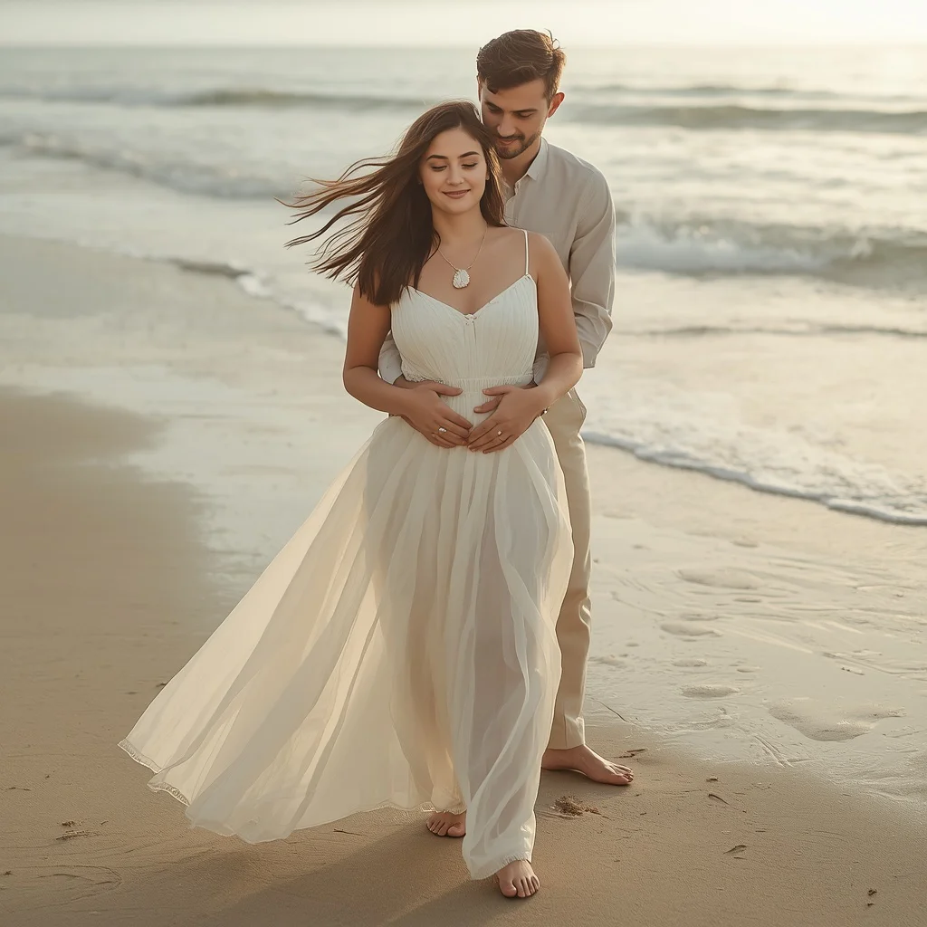 Romantic Beach Serenity: Flowing White Gown, Tender Embrace | Couple hug prompt for Gemini AI