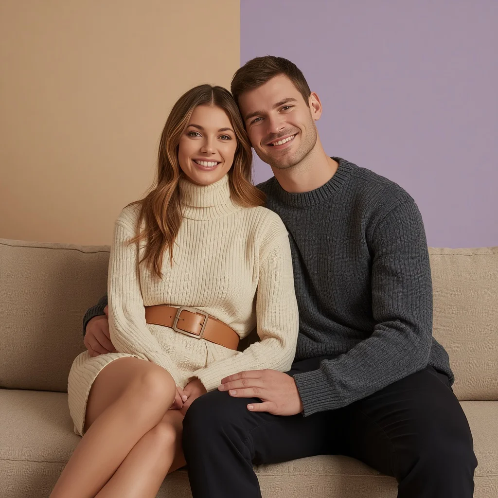 Romantic Couple in Cozy Elegant Knitwear Fashion | Warm Intimate Portrait