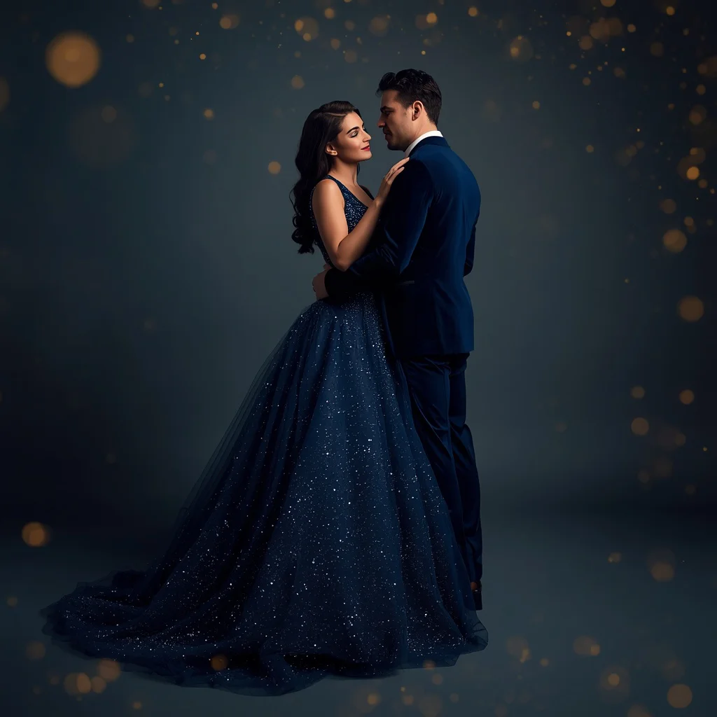 Romantic Couple In Sparkling Midnight Blue Evening Wear | Romantic Luxurious Cinematic