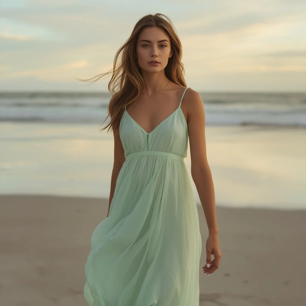 Serene Beauty in a Flowing Chiffon Maxi Dress by the Sea | Prompt seen Girls AI photo editing
