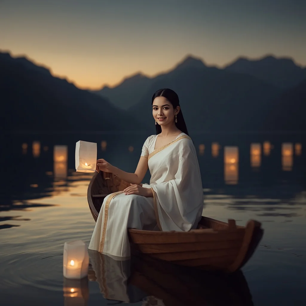 Serene Mountain Lake: White Saree and Floating Lanterns | Serene Mountain Lake