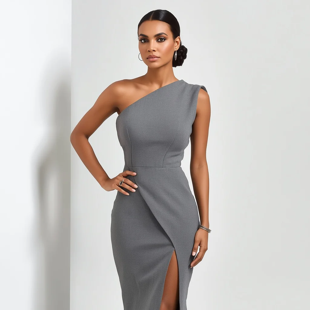 Sleek and Modern in a Grey One-Shoulder Sheath Dress | Best prompt ai for girl