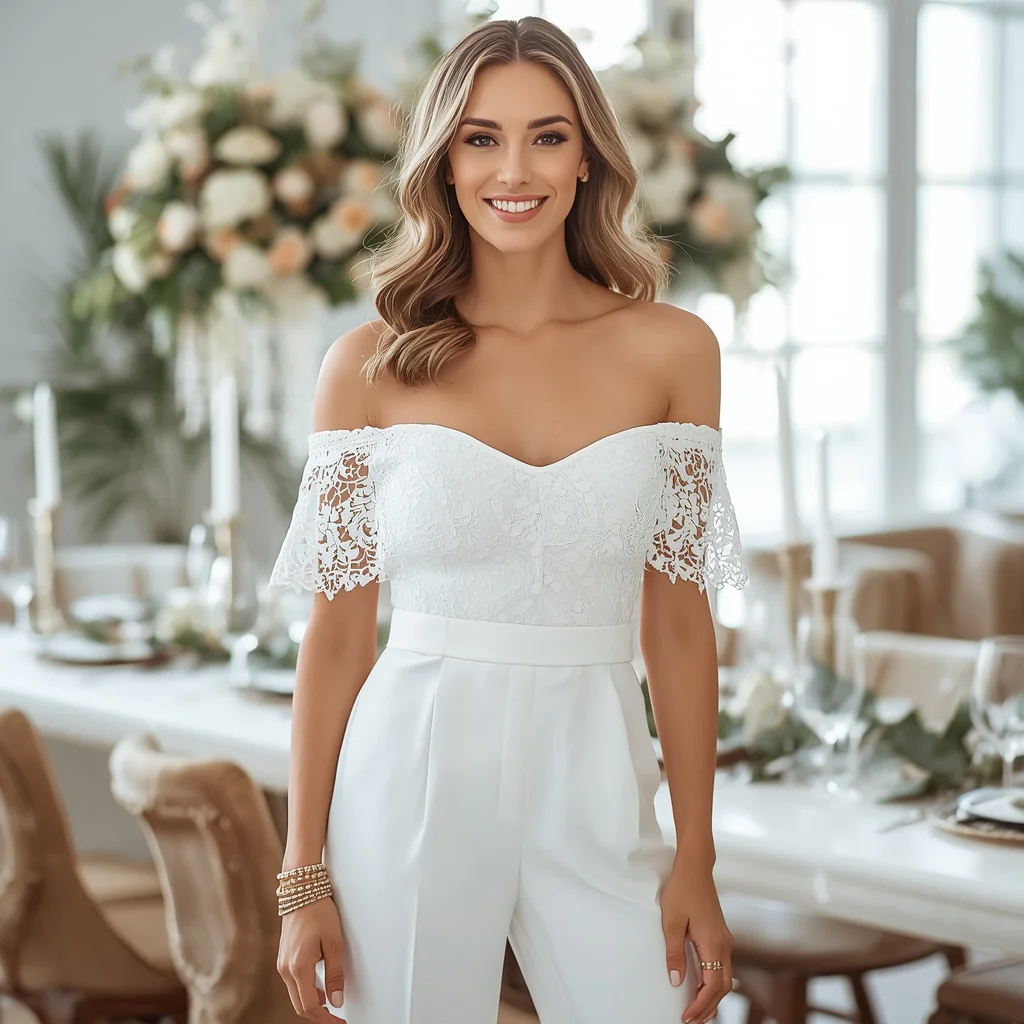 Sleek White Lace Jumpsuit for a Modern Bridal Shower Lunch | Radiant Bride-to-be Exuding