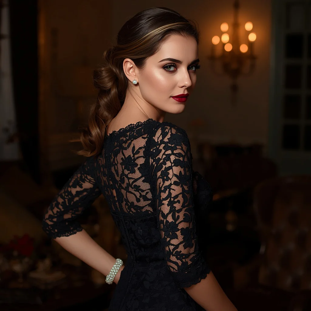 Sophisticated Charm: A Woman in a Lace Cocktail Dress with Timeless Appeal | image to prompt